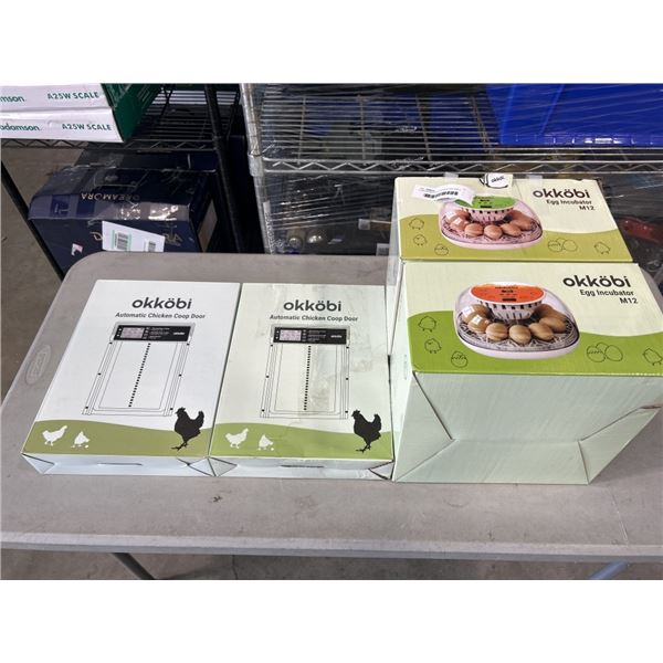 2 OKKOBI M12 EGG INCUBATORS AND 2 OKKOBI AUTOMATIC CHICKEN COOP DOORS