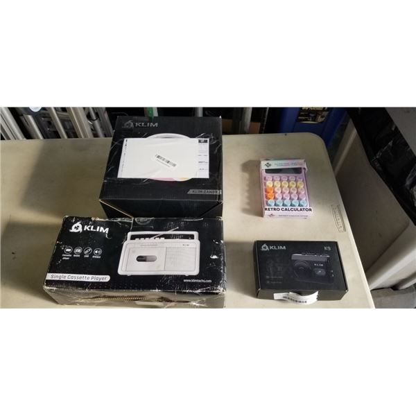 KLIM ITEMS INCLUDING CANDY BOOMBOX, SINGLE CASETTE PLAYER, PORTABLE CASETTE PLAYER AND ZENO CALCULAT