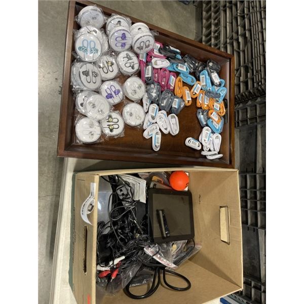 TRAY OF NEW HEADPHONES, TABLET, ELECTRONICS, CHARGERS ETC