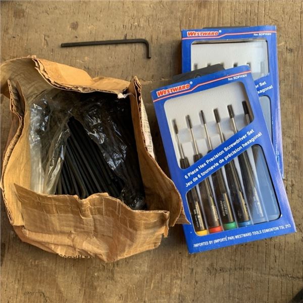 LOT OF 2 NEW WESTWARD PRECISION SCREWDRIVER SETS AND 100 HEX KEYS 5/32