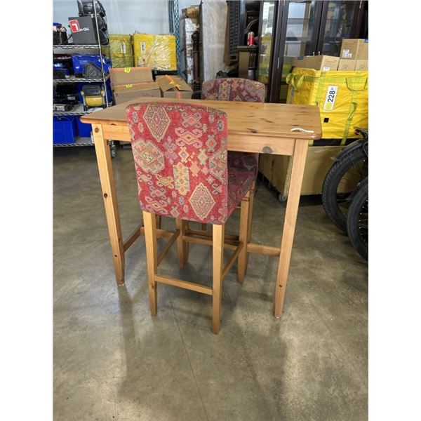 IKEA PINE BAR HEIGHT TABLE AND 2 BAR STOOLS