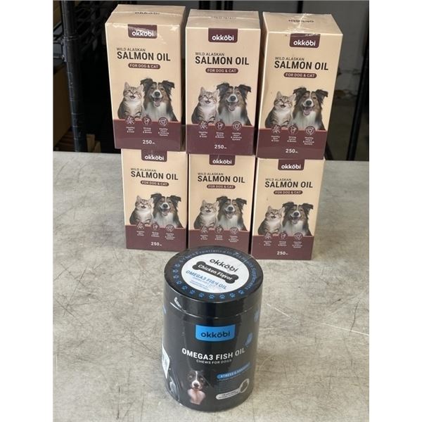6 NEW OKKOBI WILD ALASKAN SALMON OIL, 250 ML EACH, AND OKKOBI OMEGA3 FISH OIL CHEWS FOR DOGS