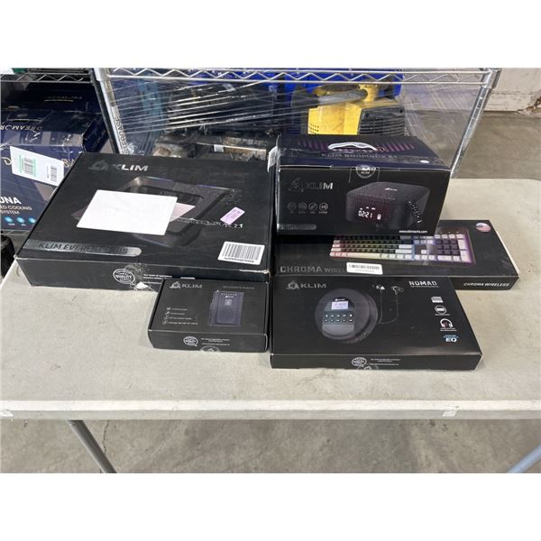 KLIM ITEMS INCLUDING EVEREST PLUS LAPTOP COOLER, BOOMBOX, CHROMA KEYBOARD, PORTABLE CD PLAYER AND PO