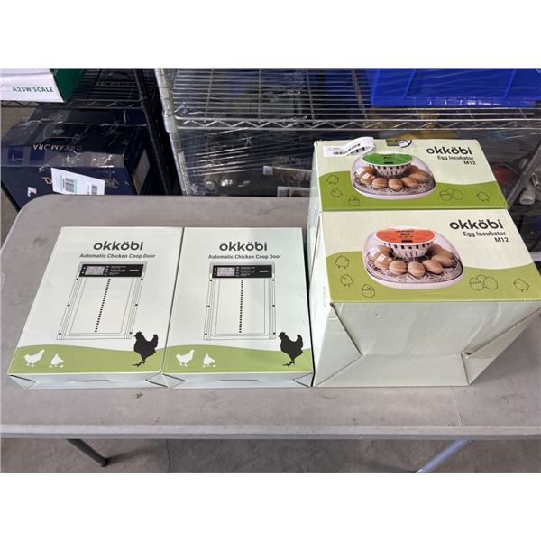 2 OKKOBI M12 EGG INCUBATORS AND 2 OKKOBI AUTOMATIC CHICKEN COOP DOORS