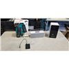 Image 1 : BAG OF ELECTRONICS INCLUDING COMPUTER SPEAKERS, BLUETOOTH SPEAKERS, CAT VIEW CUBE AND BACKUP BATTERY