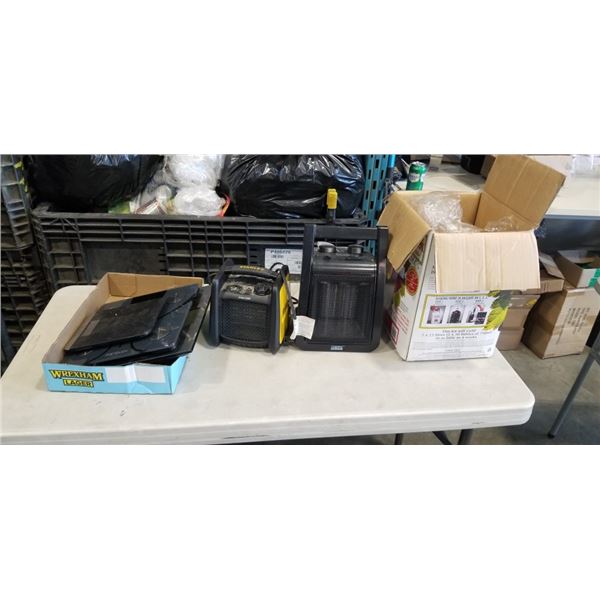 BOX OF HOUSEHOLD ITEMS INCLUDING 2 ELECTRIC HEATERS, 3 SCALES, NEW CORKS