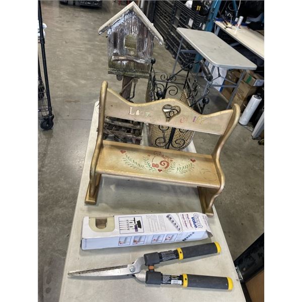 CHILDRENS WOODEN BENCH, BIRD HOUSE ON STAND, MAIL BASKET AND GARDEN SHEARS