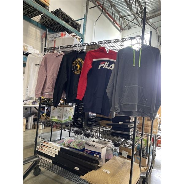 5 HOODIES. 2 ARE LADIES MEDIUMS, 2 ARE MENS MEDIUMS, ONE IS XL