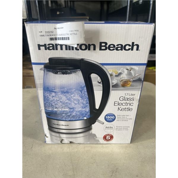 HAMILTON BEACH 1.7L GLASS ELECTRIC KETTLE - TESTED WORKING