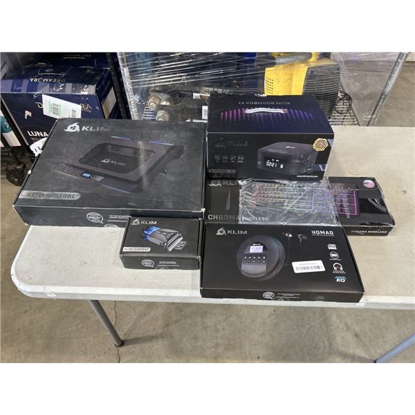 KLIM ITEMS INCLUDING MISTRAL LAPTOP COOLER, BOOMBOX, CHROMA KEYBOARD, PORTABLE CD PLAYER, AND PORTAB