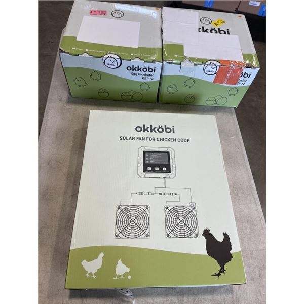 2 OKKOBI OBI 12 EGG INCUBATORS MODEL, AND OKKOBI SOLAR FAN FOR CHICKEN COOP