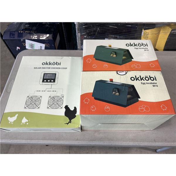 2 OKKOBI M10 EGG INCUBATORS AND OKKOBI SOLAR FAN FOR CHICKEN COOP
