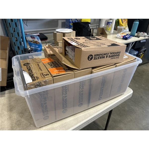 PLASTIC TOTE OF SHOP SQUARE SHARS & WASTE DISPOSABLE CONTAINERS