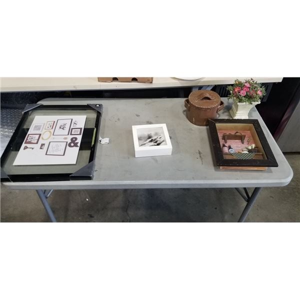ASSORTED DECOR ITEMS AND GLASS FRAME
