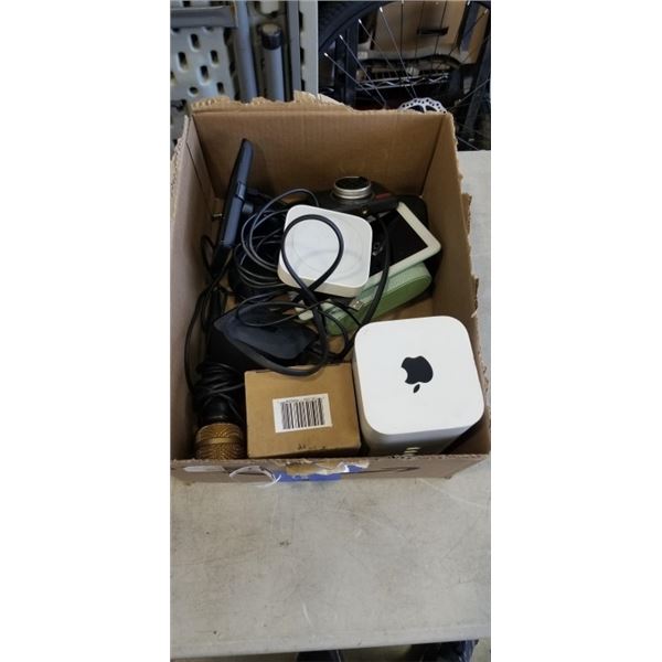 TRAY OF ELECTRONICS INCLUDING APPLE TV, APPLE HOME, GARMIN PORTABLE GPS NAVIGATION SYSTEM, NECKER CA