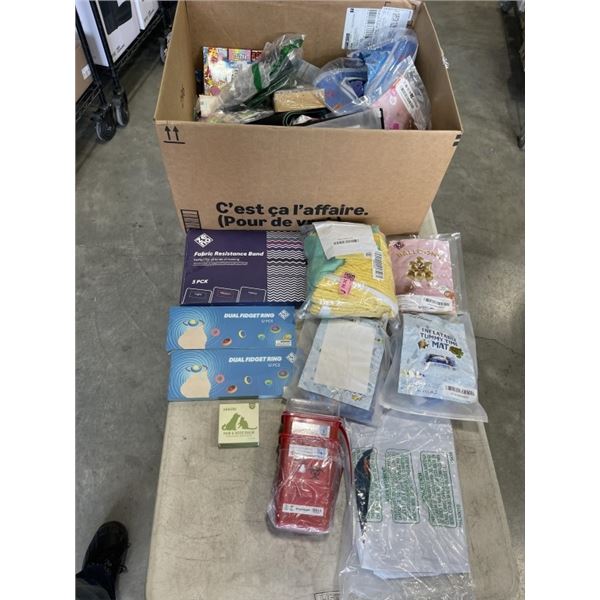 BOX OF AMAZON OVERSTOCK INCLUDING FABRIC RESISTANCE BANDS, STAINLESS STEEL WATER BOTTLES, INFLATABLE