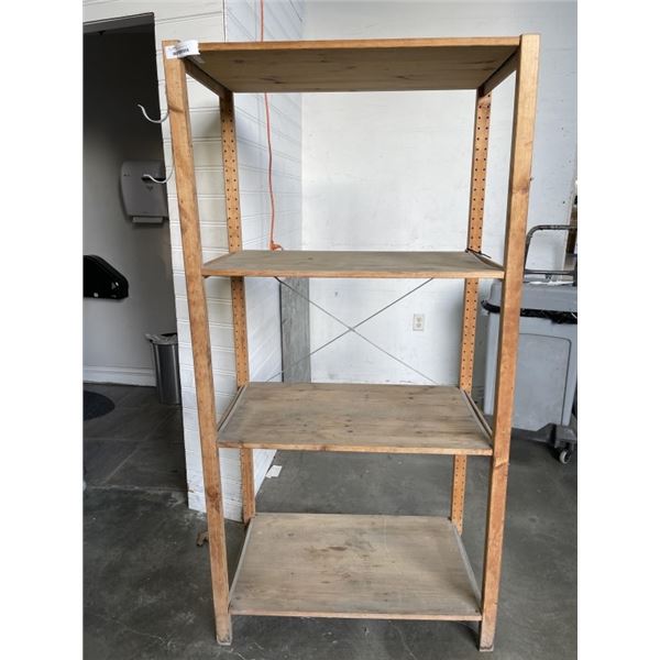 4 TIER WOODEN SHELVING UNIT. 72" HEIGHT, 36" WIDE, 20" DEEP
