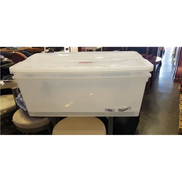 2 LARGE CELAR STORAGE BINS WITH LIDS, ONE HAS CHIP