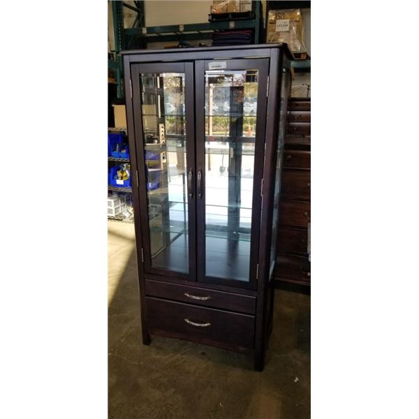 GLASS DOOR DARK FINISH SOLID WOOD GLASS DOOR DISPLAY CABINET, 35 INCH WIDE, 73 INCH TALL, 18 NINCH D
