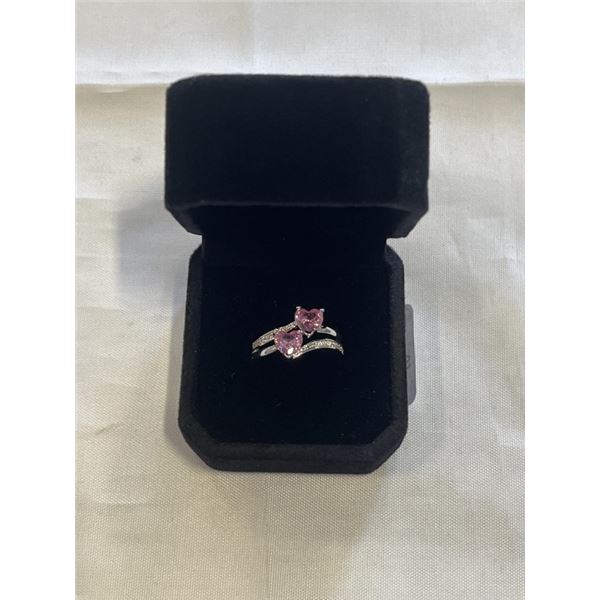 NEW PLATINUM PLATED 1.0 CT HEART CUT LAB CREATED PINK SAPPHIRE DOUBLE HEART RING, SIZE 7