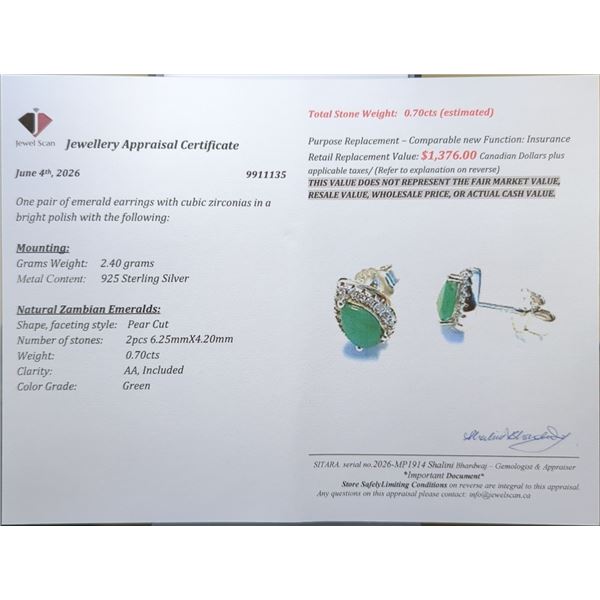 2.4 CT CERTIFIED SILVER EMERALD GEMSTONE EARRINGS ($1,376 APPRAISAL)