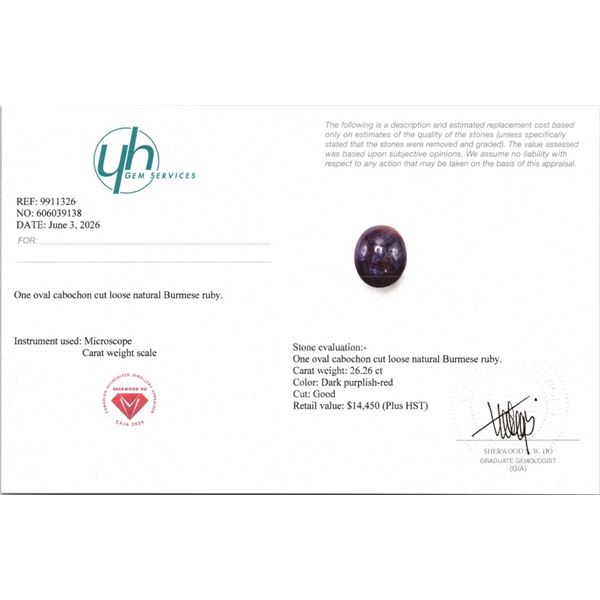 26.26 CT CERTIFIED BURMESE STAR RUBY GEMSTONE ($14,450 APPRAISAL)