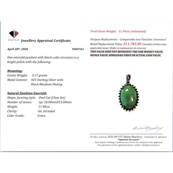 5.17 CT CERTIFIED SILVER EMERALD GEMSTONE PENDANT ($11,785 APPRAISAL)