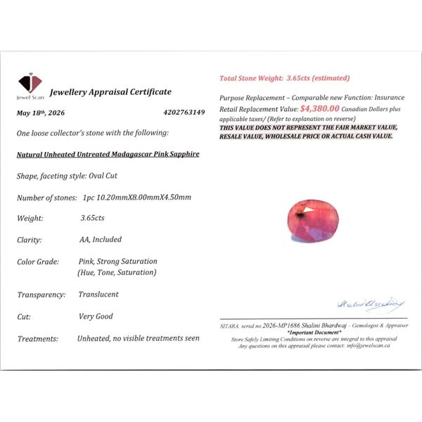 3.65 CT CERTIFIED PINK SAPPHIRE GEMSTONE PARCEL ($4,380 APPRAISAL)