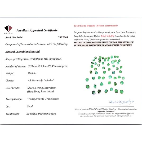 8.69 CT CERTIFIED COLOMBIAN EMERALD GEMSTONE PARCEL ($2,172 APPRAISAL)
