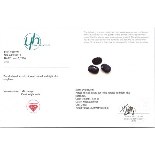 18.83 CT CERTIFIED MIDNIGHT BLUE SAPPHIRE GEMSTONE PARCEL ($6,450 APPRAISAL)