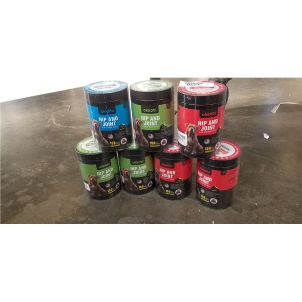 7 NEW TUBS OF OKKOBI HIP AND JOINT SOFT CHEWS, ASSORTED FLAVOURS 150 PER TUB, EXP OCT/2027