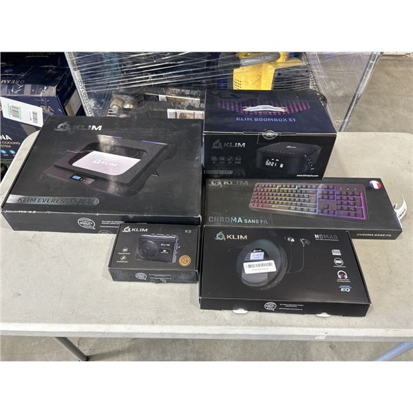 KLIM ITEMS INCLUDING EVEREST PLUS LAPTOP COOLER, BOOMBOX, CHROMA KEYBOARD, PORTABLE CD PLAYER, AND P