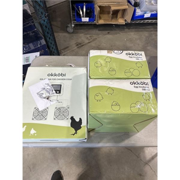 2 OKKOBI OBI 12 EGG INCUBATORS MODEL, AND OKKOBI SOLAR FAN FOR CHICKEN COOP