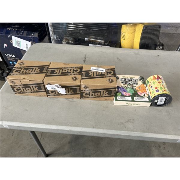 3 BOXES ZENO 100 STICKS CHALK, TINY GEEKS PALM EGG CRAYONS, AND TINY GEEK WASHABLE TODDLER CRAYONS