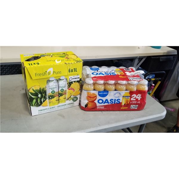 6 1 LITRE FRESH N PURE PINEAPPLE JUICE AND 24 PACK OASIS ORANGE JUICE. A COUPLE MAY BE MISSING