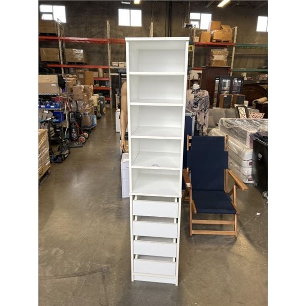 WHITE STORAGE CABINET WITH 4 DRAWERS, 15 INCH WIDE, 73 INCH TALL, 16 INCH DEEP