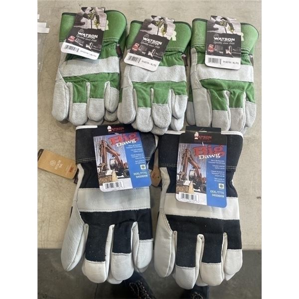 5 NEW PAIRS WATSON GLOVES. 2 PAIRS ARE BIG DAWG LINED XXXL, 3 PAIRS ARE WATSON XL