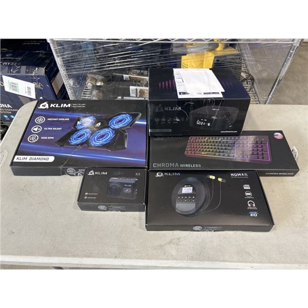 KLIM ITEMS INCLUDING DIAMOND LAPTOP COOLER, BOOMBOX, CHROMA KEYBOARD, PORTABLE CD PLAYER, AND PORTAB