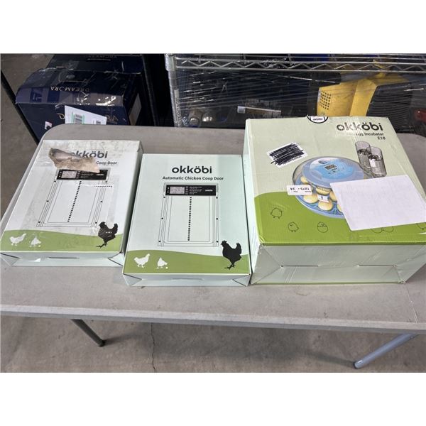 OKKOBI E18 EGG INCUBATOR AND 2 OKKOBI AUTOMATIC CHICKEN COOP DOORS