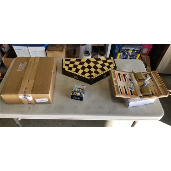 YELLOW MOUNTAIN CHINESE MAHJONG SET, TRAVEL BACKGAMMON SET, MARBLES, AND HUSARIA 3 PLAYER CHESS