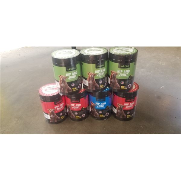 7 NEW TUBS OF OKKOBI HIP AND JOINT SOFT CHEWS, ASSORTED FLAVOURS 150 PER TUB, EXP OCT/2027