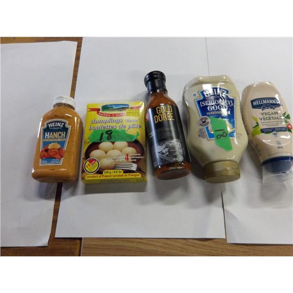 SHELF PULLS (AS IS):  FLAT C/W DUMPLING MIX, BEGAN DRESSING, MAYO, BBQ SAUCE, RANCH, ET