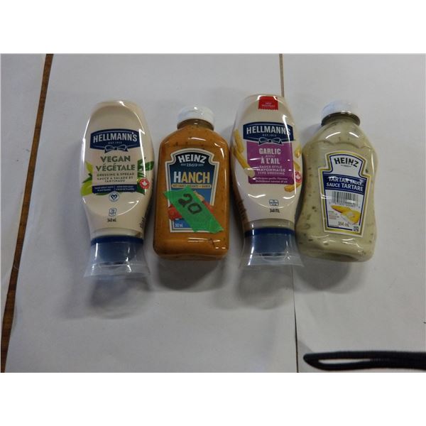 SHELF PULLS (AS IS):  BOX C/W VEGAN DRESSING, TARTER SAUCE, GARLIC SAUCE, HANCH HOT SAUCE