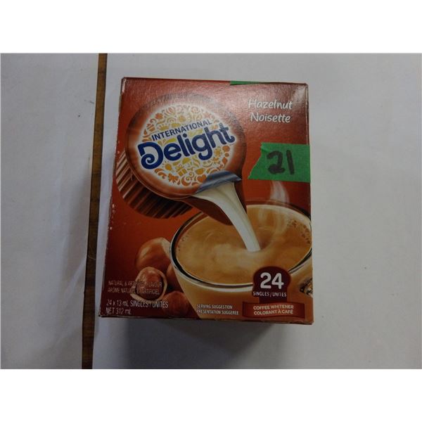 SHELF PULLS (AS IS):  24 SINGLE SERVE INTERNATIONAL DELIGHT HAZELNUT COFFEE WHITENER - BOX