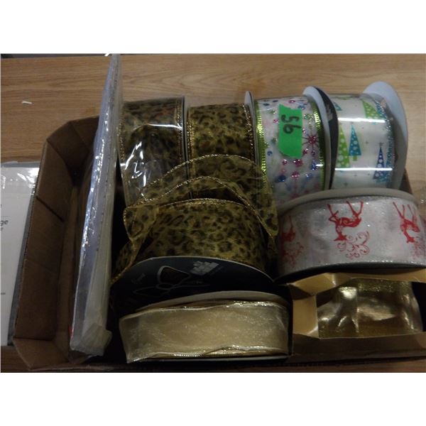UNCLAIMED STORAGE:  BOX C/W ASSORTMENT OF LARGE ROLLS OF RIBBON