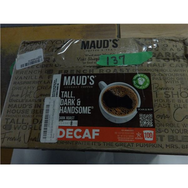 SHELF PULLS (AS IS):  CASE OF 100 MAUDS DECAF DARK ROAST KEURIG PODS