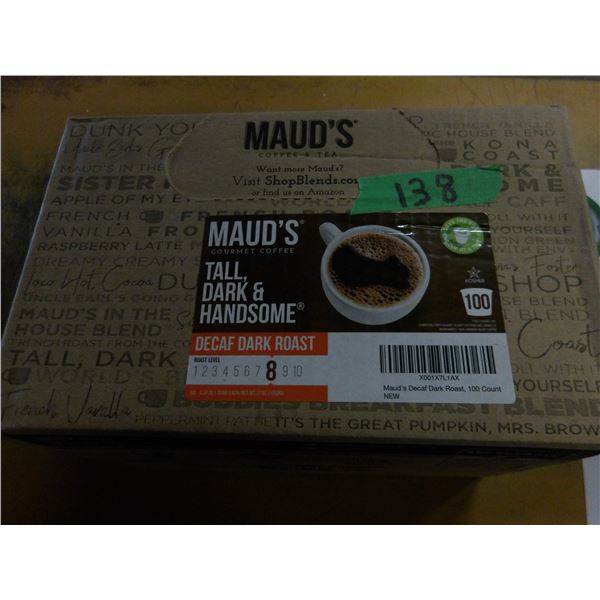 SHELF PULLS (AS IS):  CASE OF 100 MAUDS DECAF DARK ROAST KEURIG PODS