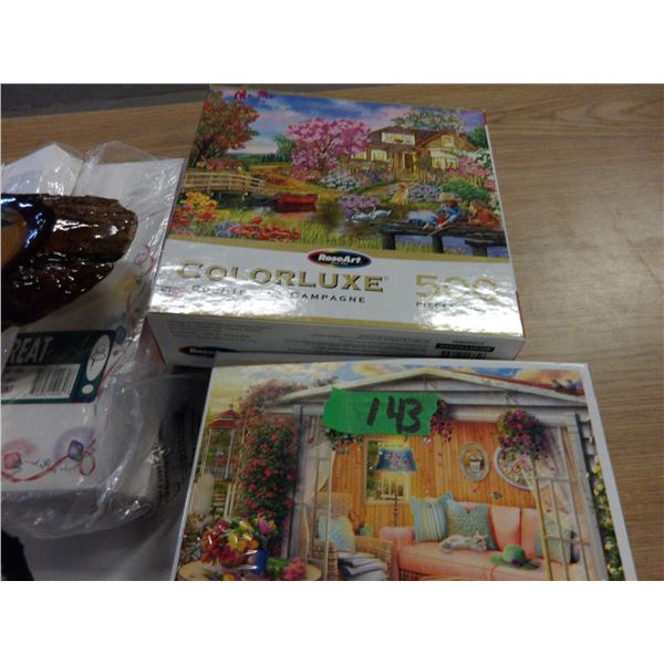 ESTATE:  BOX C/W MATS, PUZZLES, PULL WAS, PLAQUE, ENVELOPES, ETC
