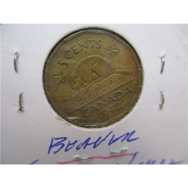 1942 WORLD WAR CANADA BEAVER TOMBAC NICKEL