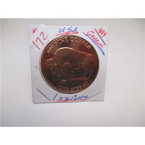 999 FINE 1 OZ COPPER BUFFALO COIN